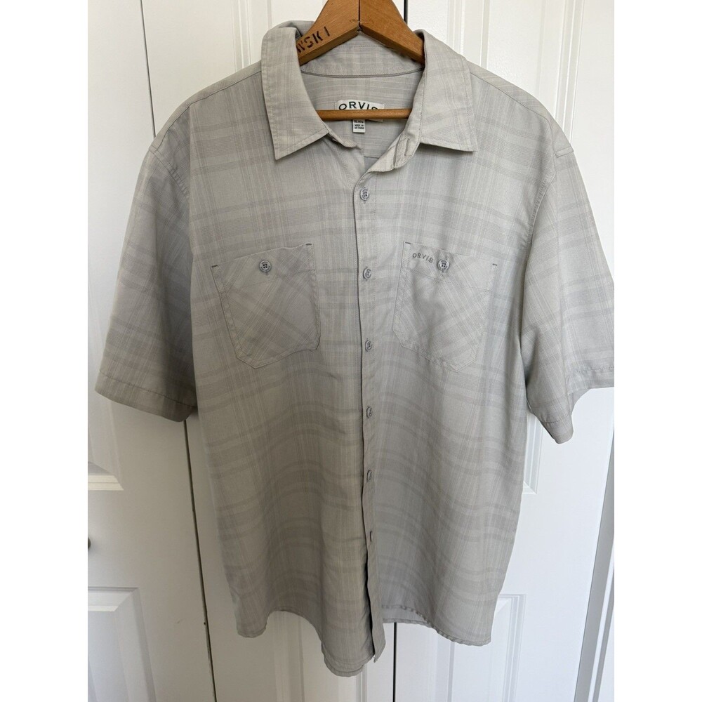 Orvis Shirt Men Gray Button Up Plaid Short Sleeve Pockets Casual Fishing XL